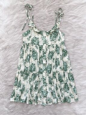OLIVE Clothing Cream Green Floral Toile Button Front Tiered Hem Mini Dress S